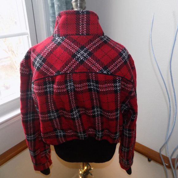 Wet Seal Plaid Checkered Tweed Bomber Jacket Red Black & White Size Large - Picture 3 of 4